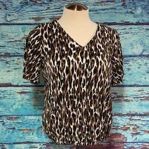 Ricki's Short Sleeved Pleated Animal Print V-Neck Blouse